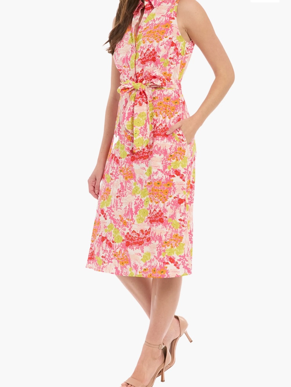 London Times Floral Sleeveless Linen Blend Midi Shirtdress.